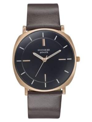 Sonata Poze Quartz Analog Black Dial Leather Strap Watch for Men