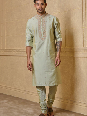 Lt.Olive Kurta Set With Thread Embroidery Details