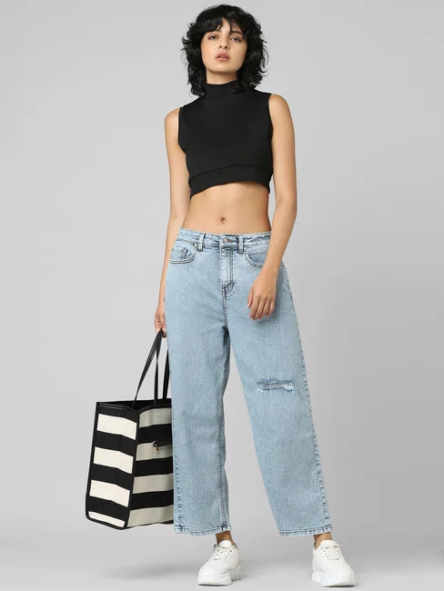 BLUE HIGH RISE DISTRESSED STRAIGHT FIT JEANS - Image 2