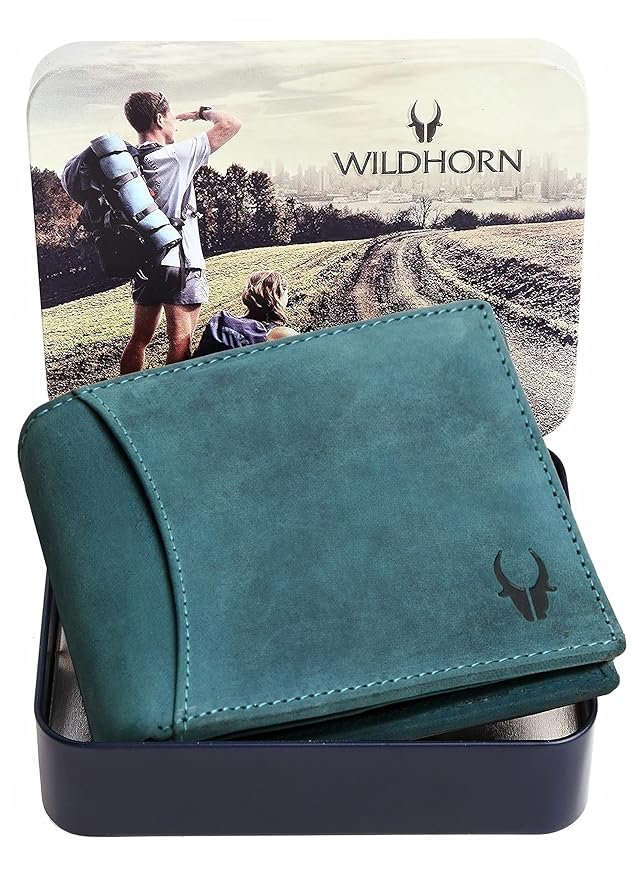 WildHorn Blue Leather Wallet for Men I 9 Card Slots I 2 Currency & Secret