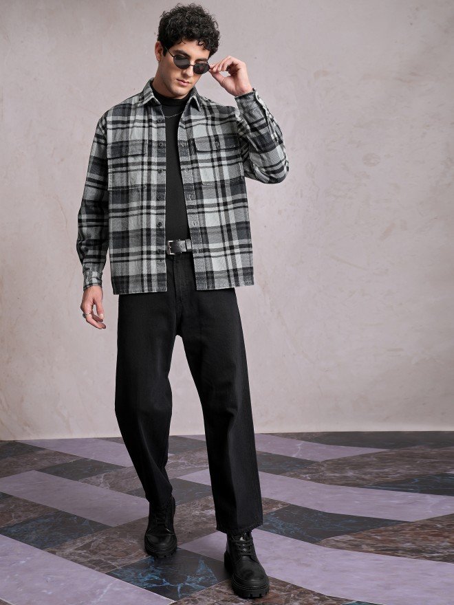 Locomotive Men Grey Checked Oversized Fit Casual Shirts - Image 2
