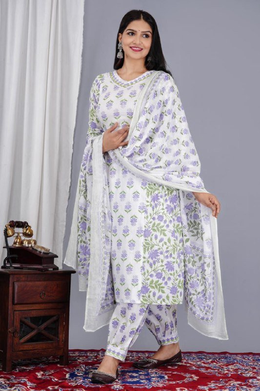 Pure Jaipuri Cotton Kurti Pant set with Mul Mul cotton Dupatta Set - Image 2