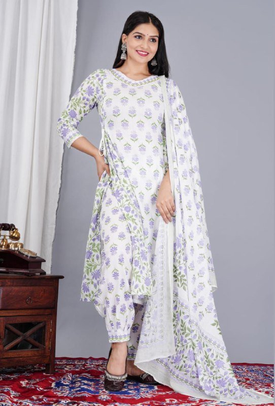 Pure Jaipuri Cotton Kurti Pant set with Mul Mul cotton Dupatta Set - Image 3