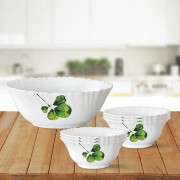 Elegant White Ceramic Bowls with Green Leaf Design